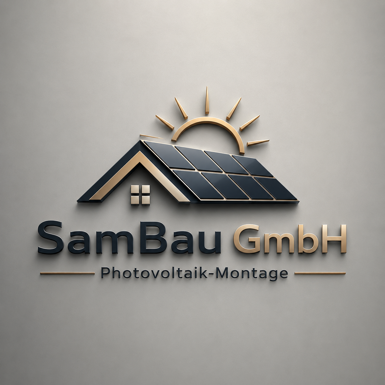 Logo der SamBau GmbH: Hausdach mit Photovoltaikmodulen und aufgehender Sonne